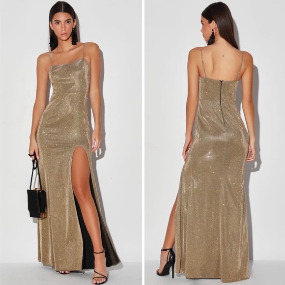 Lulus Metallic Gold Glitter Mermaid Maxi Dress Searching For You LMZ102 Size XL - Picture 2 of 8